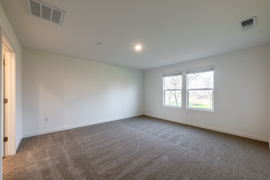 A room with a carpet and windows.