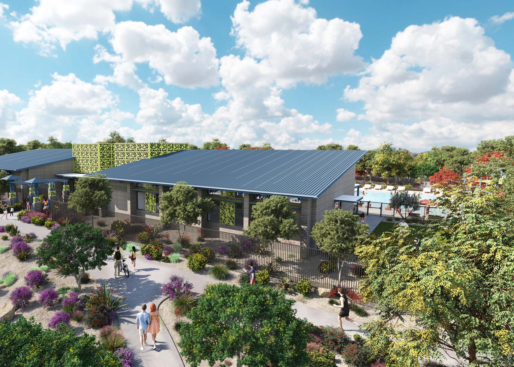 A building with a garden in front of it.