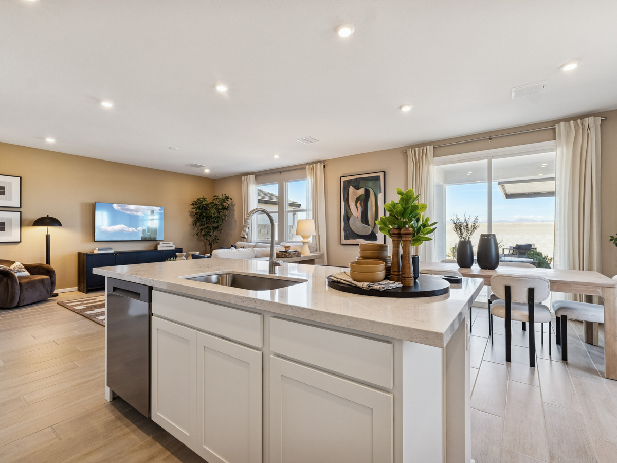 A kitchen with a large island.