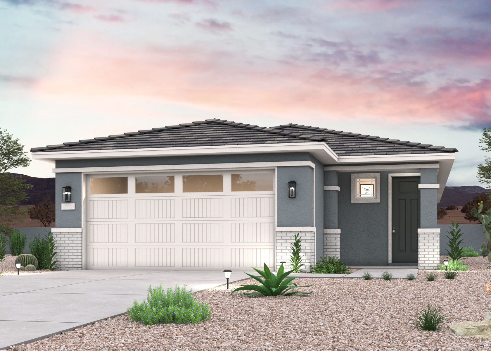 A twilight rendering of a single-story new home with amenities in Buckeye, AZ at Manzanita at Teravalis by Century Communities.