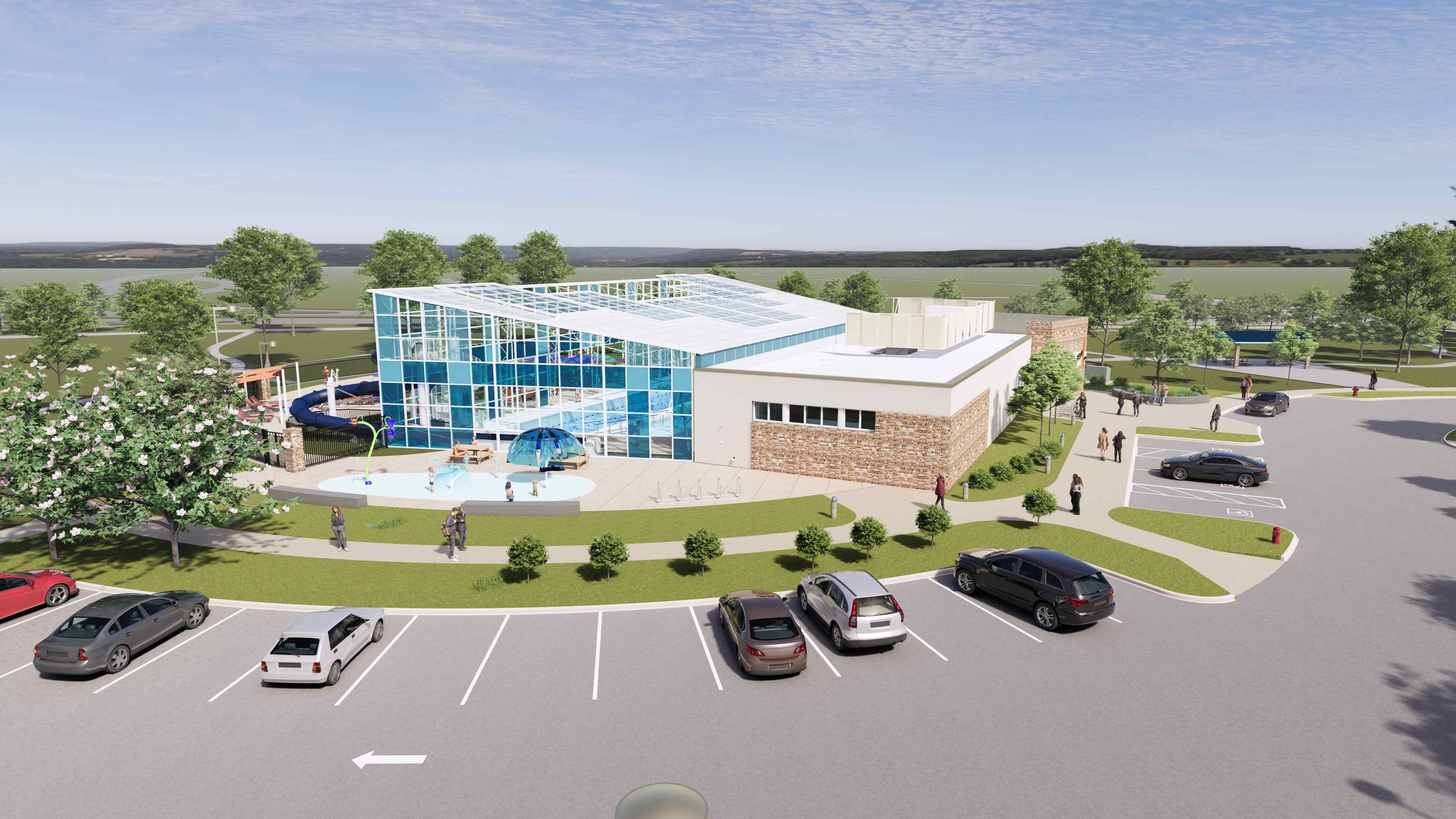 A building with a parking lot.