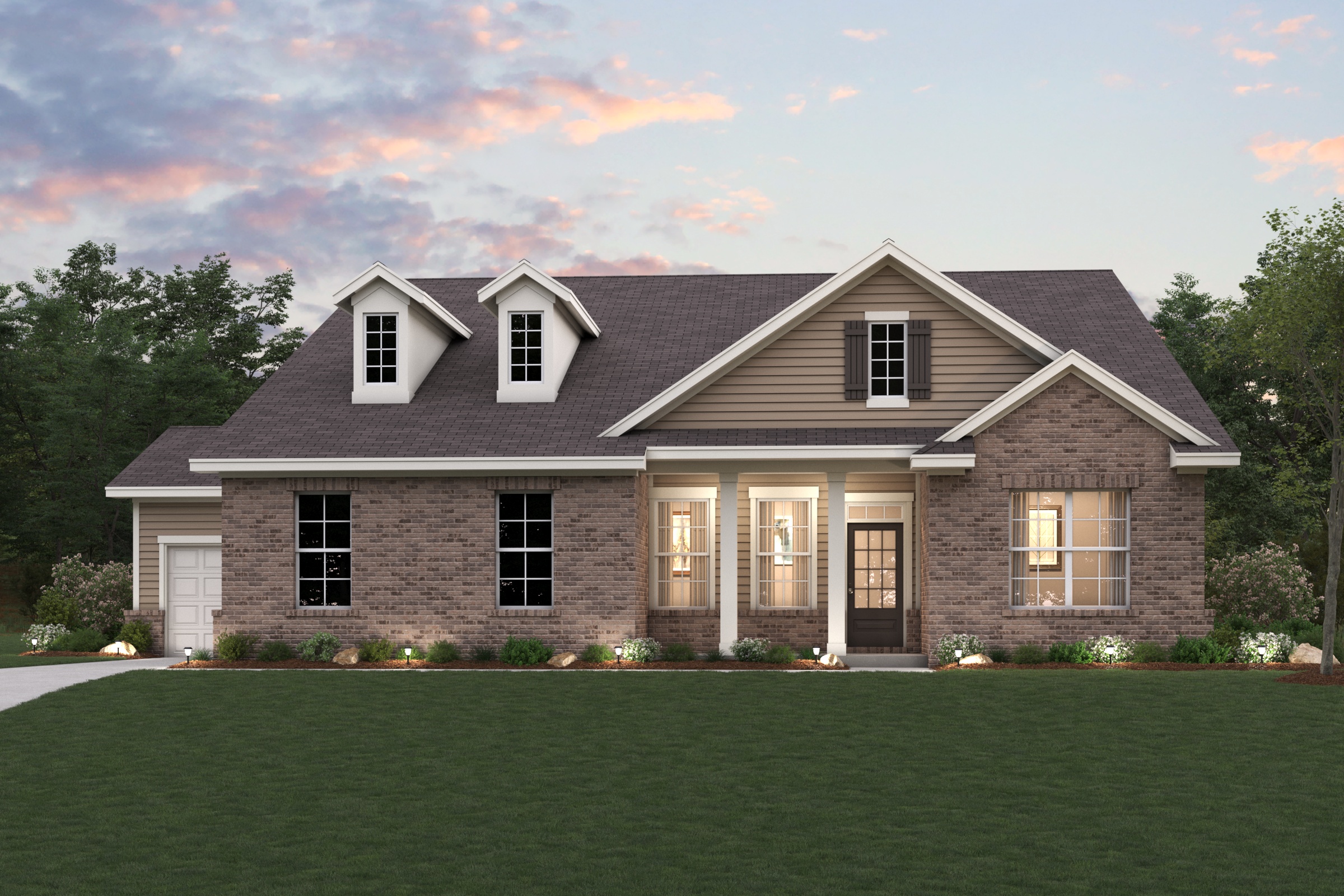 A house with a lawn in front.
