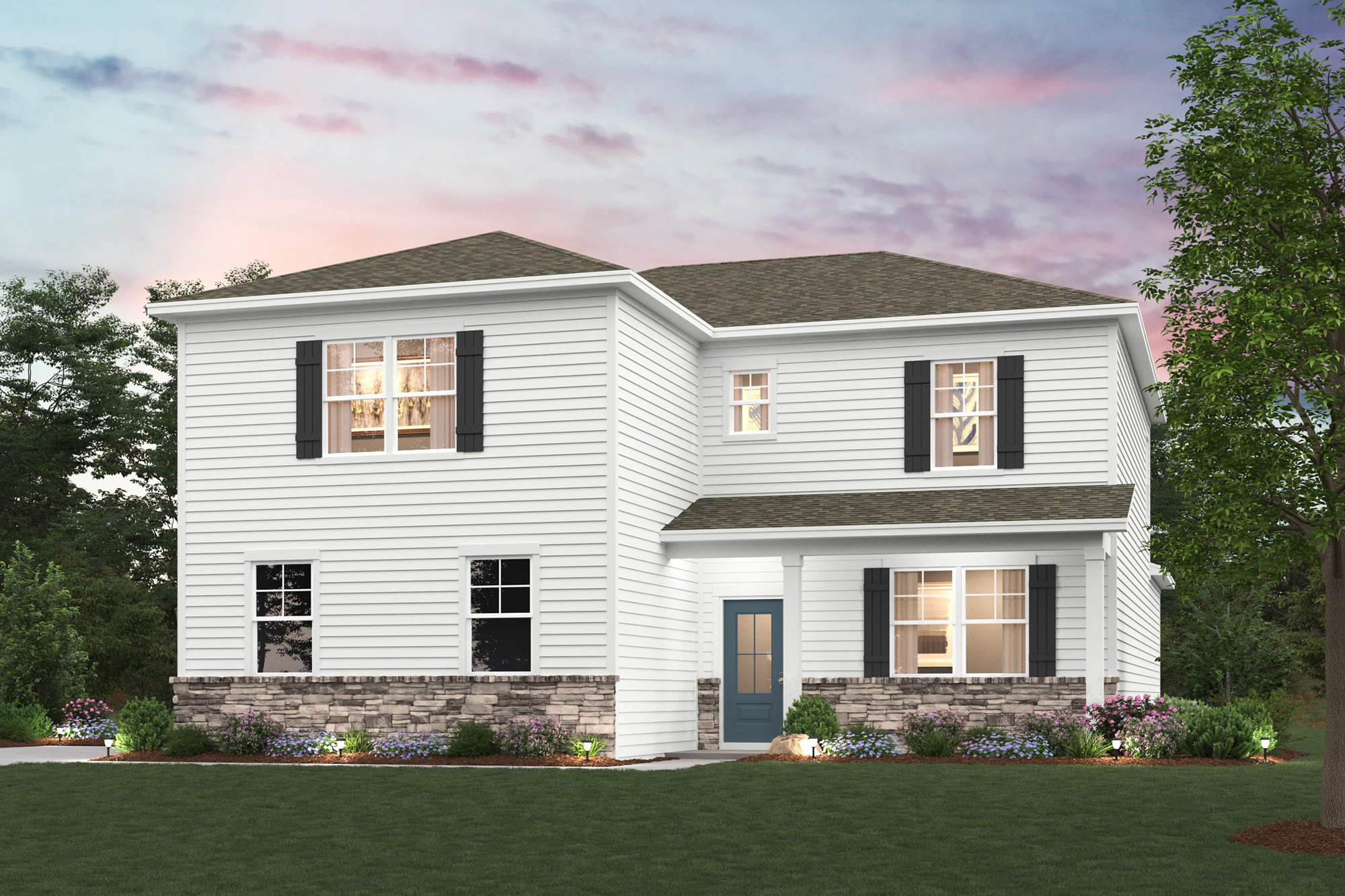 A white house with black shutters.