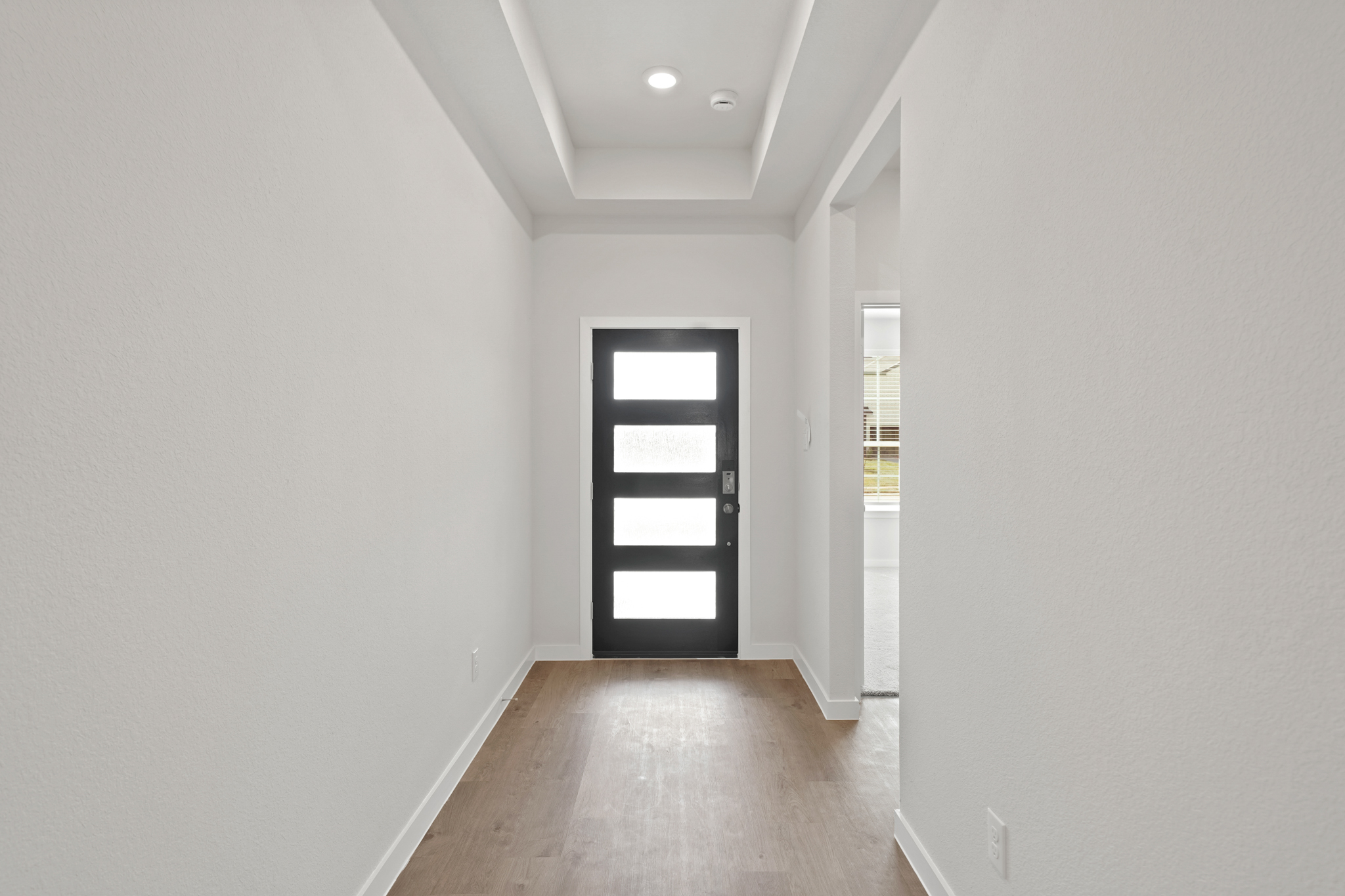 A hallway with a door and windows.
