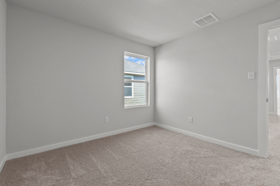 A room with a carpet and windows.