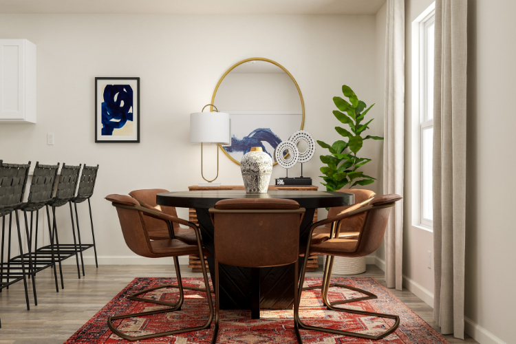 A dining room table with a lamp on top.