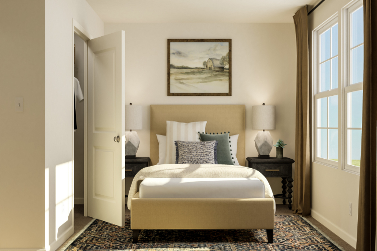 A bedroom with a bed and a lamp.